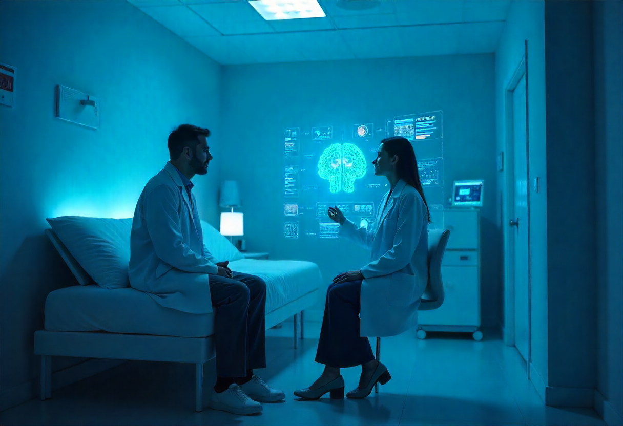 Doctor consulting a patient with a holographic AI assistant displaying health data in a futuristic medical office
