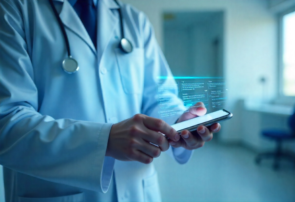 Doctor using a mobile AI medical scribe app for clinical documentation on a smartphone