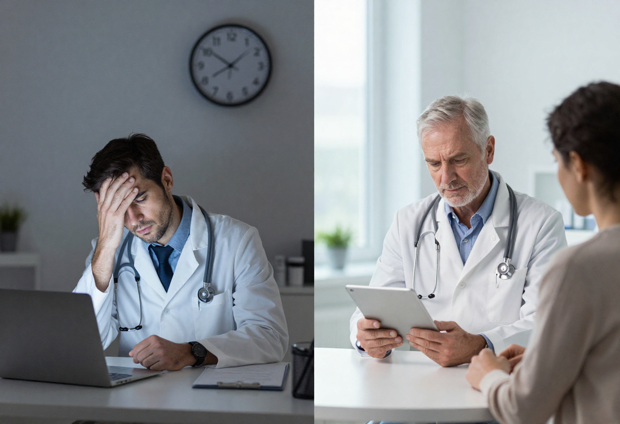 Split-screen comparison of manual charting versus healthcare workflow automation in a modern medical practice.