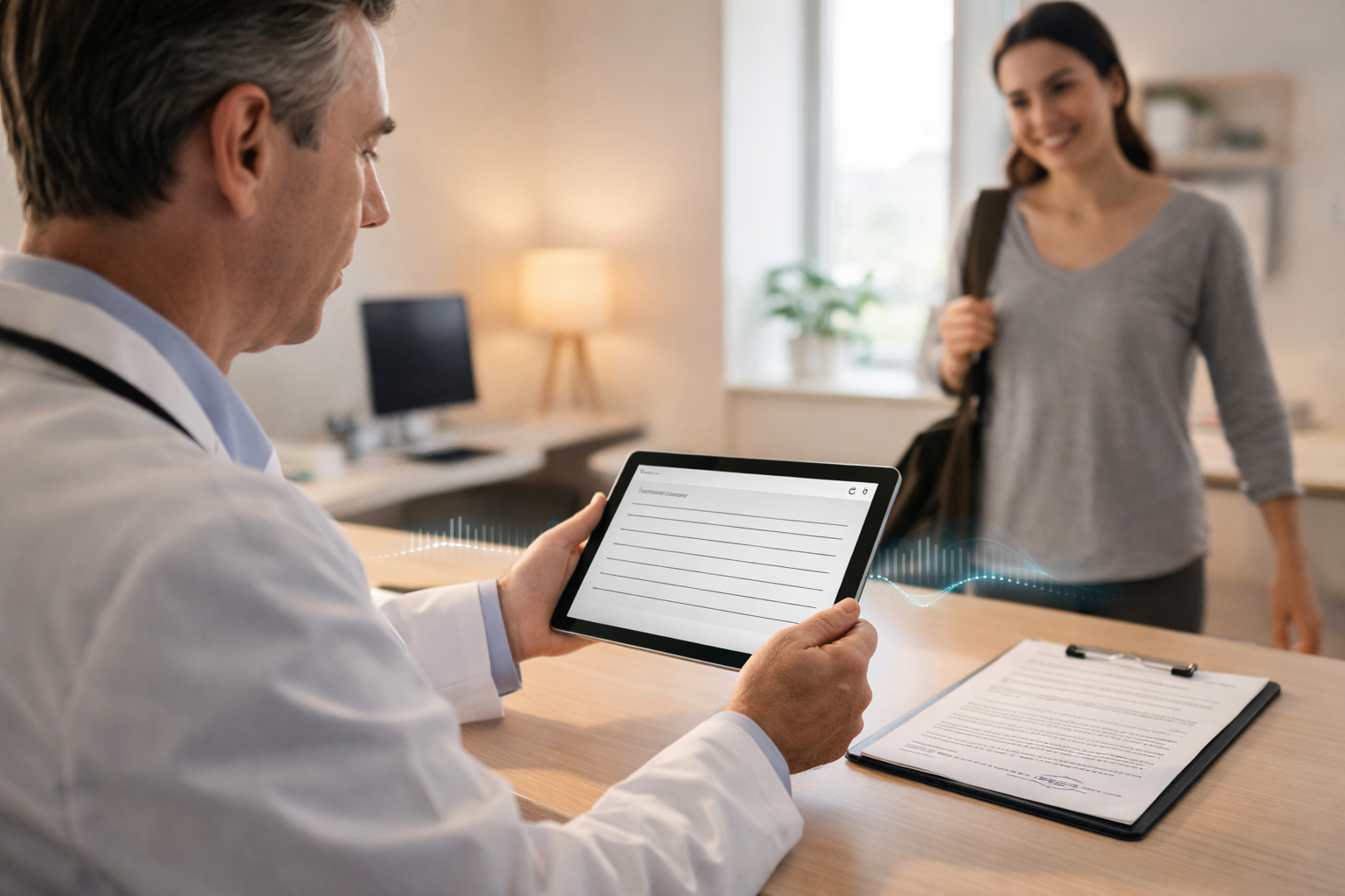 Physician reviewing AI medical scribe documentation created using integrated voice recognition after a patient consultation.
